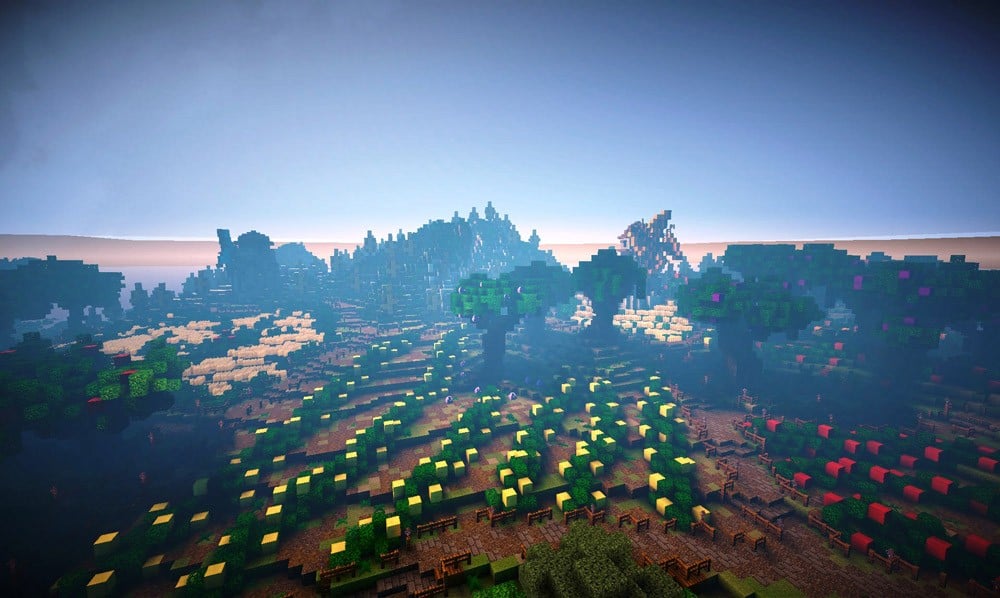 PETA’s Minecraft island has lots of farm land for growing fruits and vegetables.