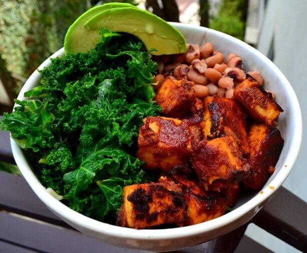 bbq tofu bowl with kale and beans