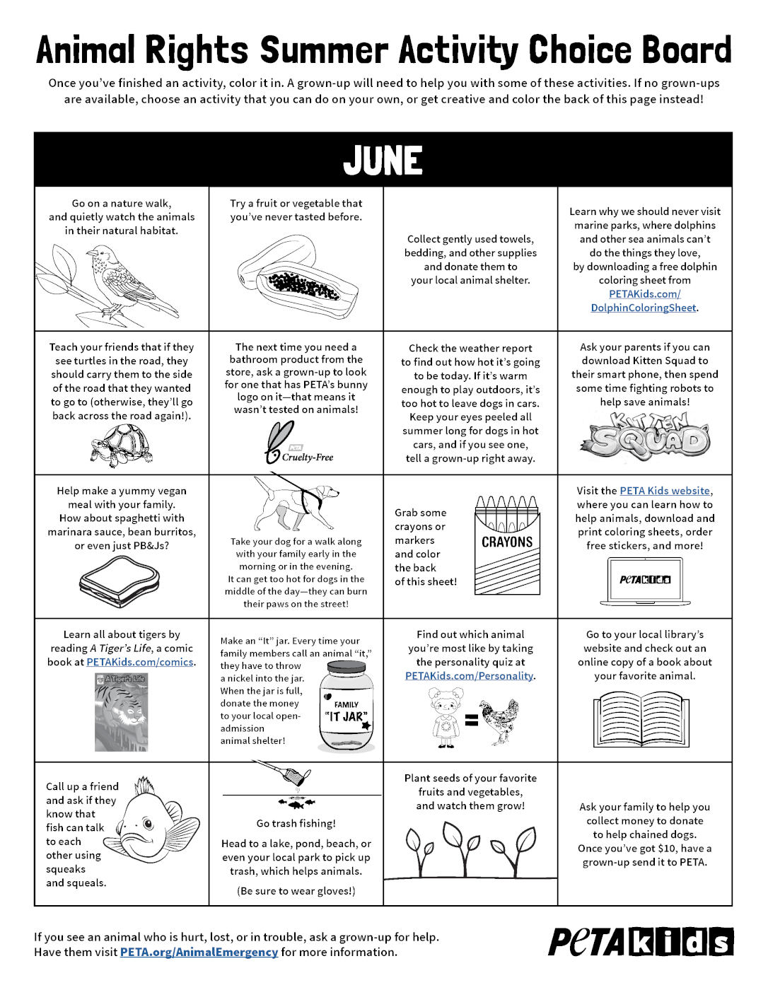 Summertime Kindness to Animals Activity Choice Boards | PETA Kids Summertime Kindness to Animals Activity Choice Boards | PETA Kids