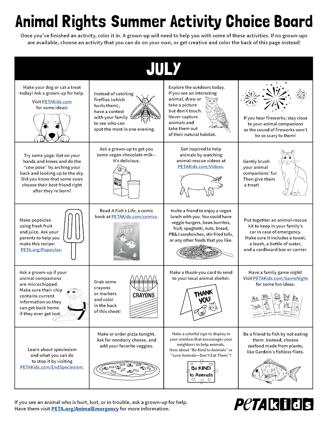 July summer activity choice board