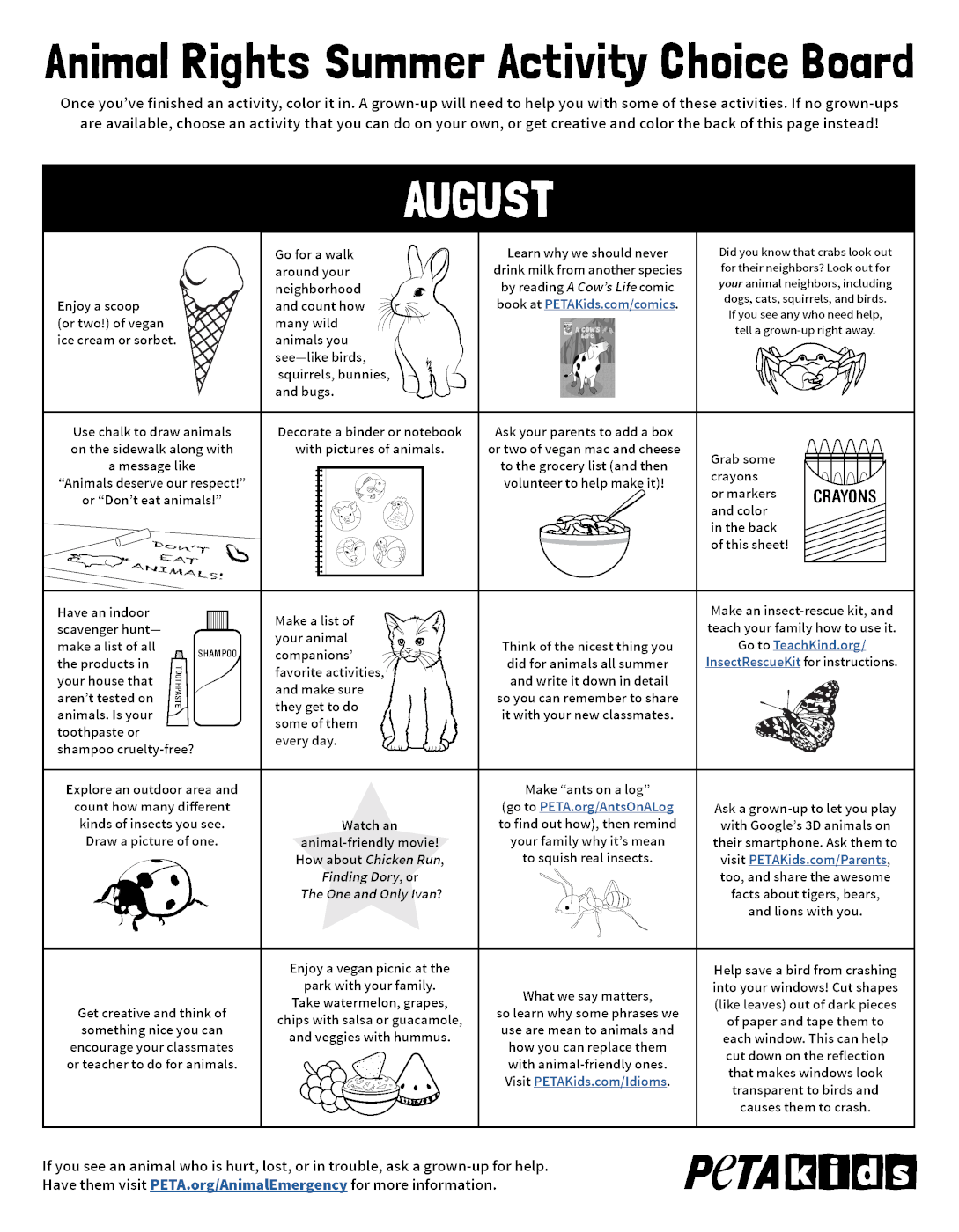 August summer activity choice board