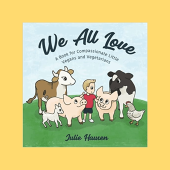 illustration of a bunch of farmed animals on grass with a little boy petting them