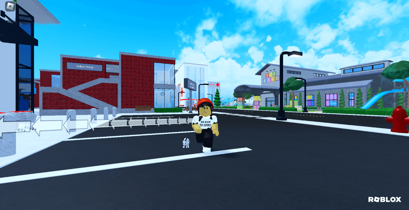 Roblox character in Seaboard City running on asphalt trying to rescue the bunny