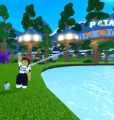 Roblox character in Seaboard City's Park Place outside of PETA Kids HQ waving with the rescued rabbit