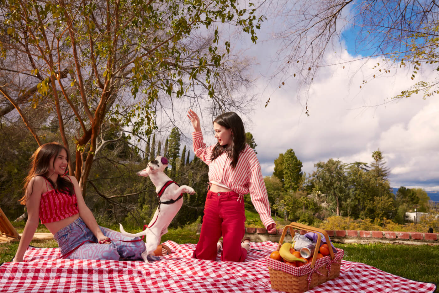 Sisters Violet and Madeleine McGraw sit outsite on a red checkered picnic blanket playing with their dog Rudy