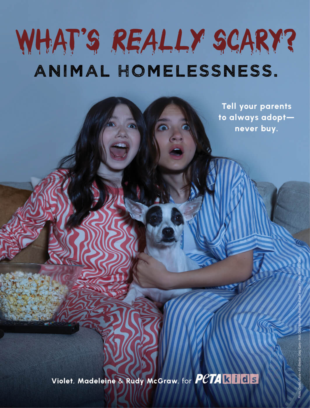 Violet and Madeleine McGraw in a PETA Kids ad advocating for adoption