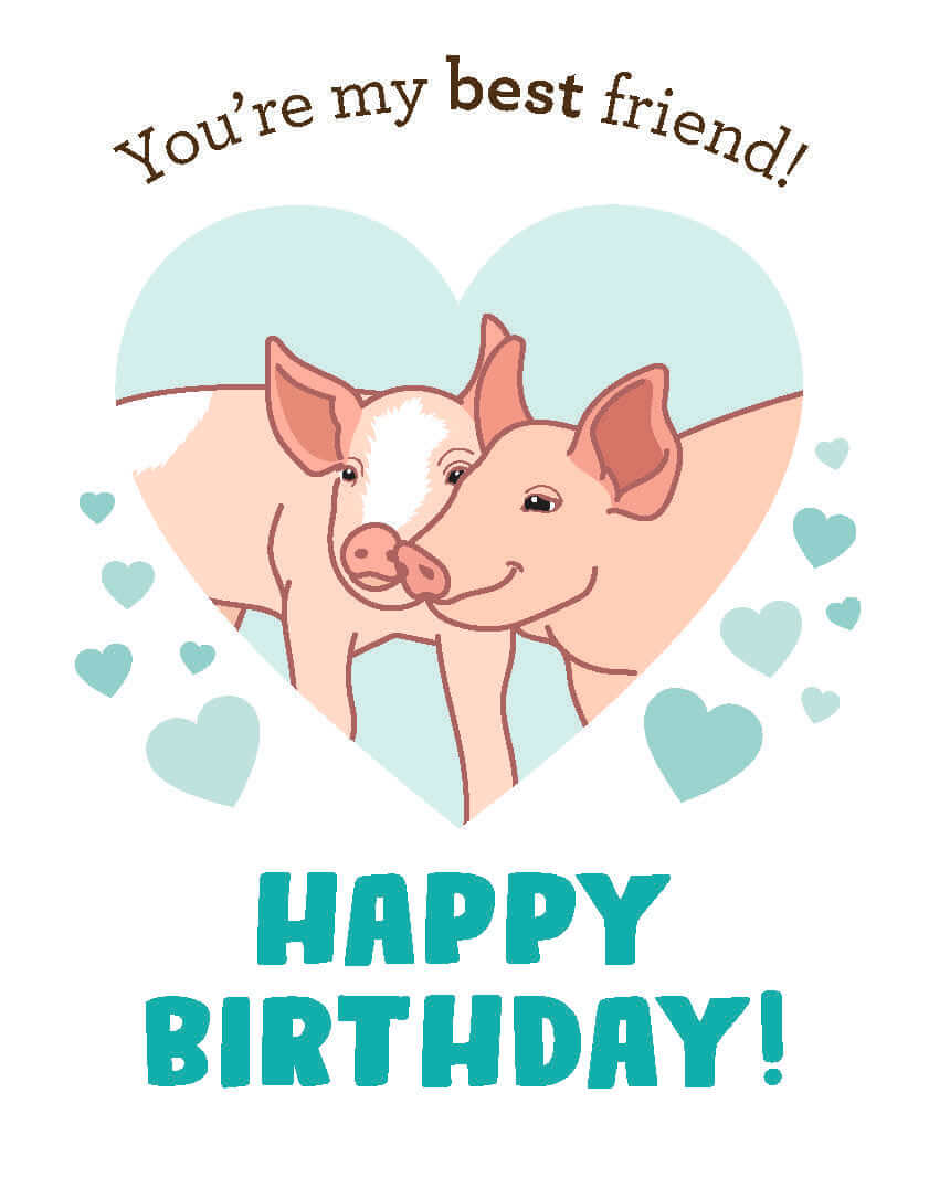 a birthday card of two pink pigs touching noses surrounded by hearts. 