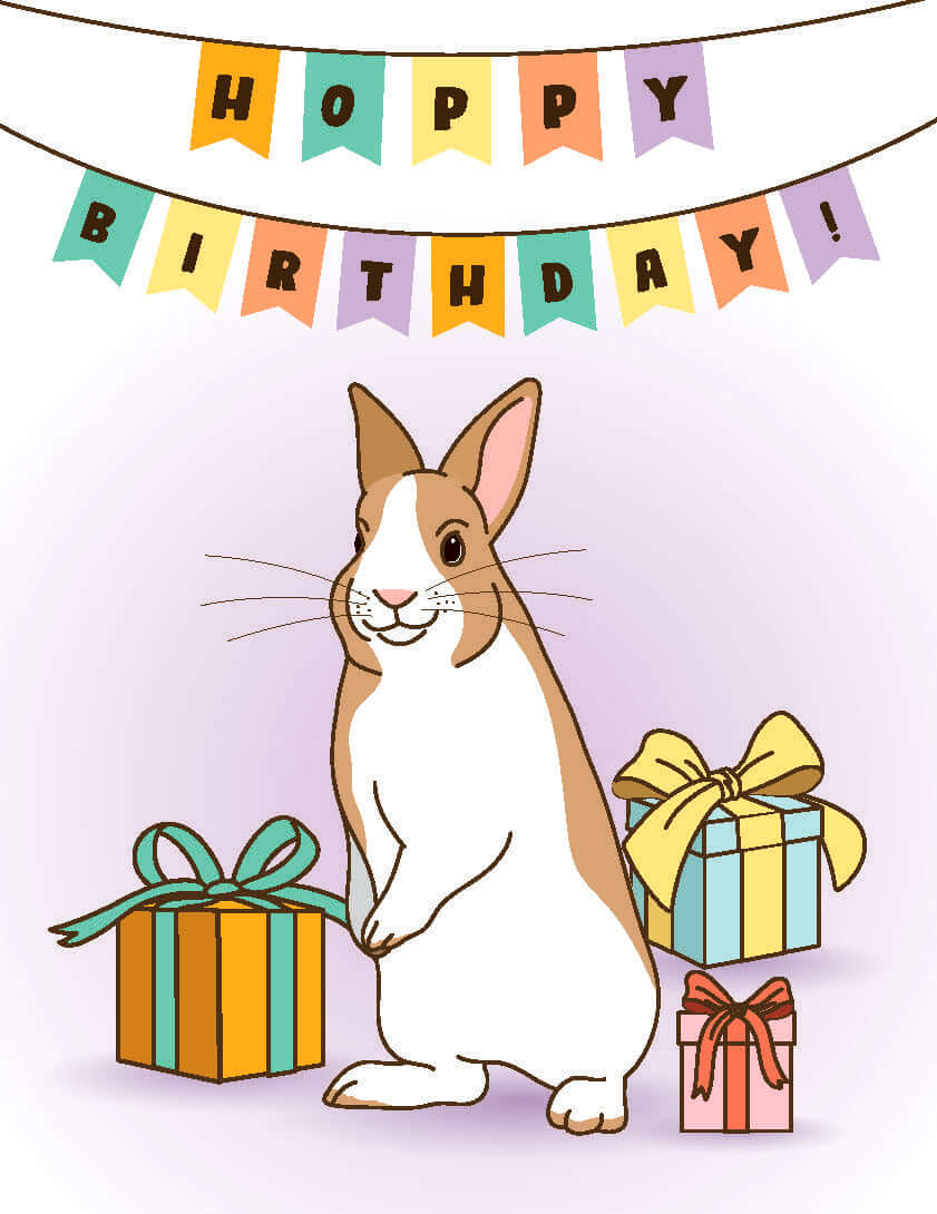 Birthday card of a bunny standing up around a bunch of presents with a banner over their head that reads: hoppy birthday