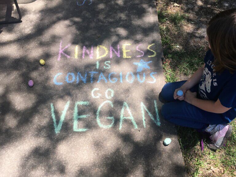 chalk art that reads: kindness is contagious go vegan!