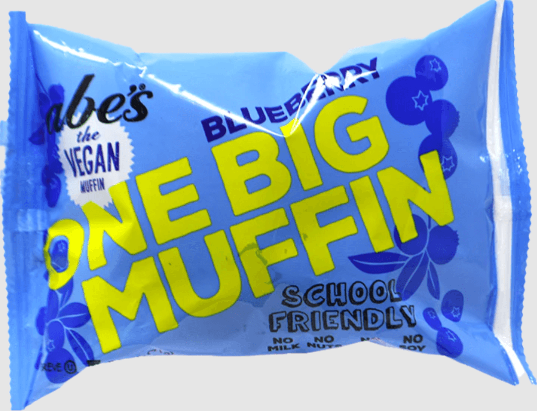 Abe's muffins, one big muffin blueberry flavor packaging. 