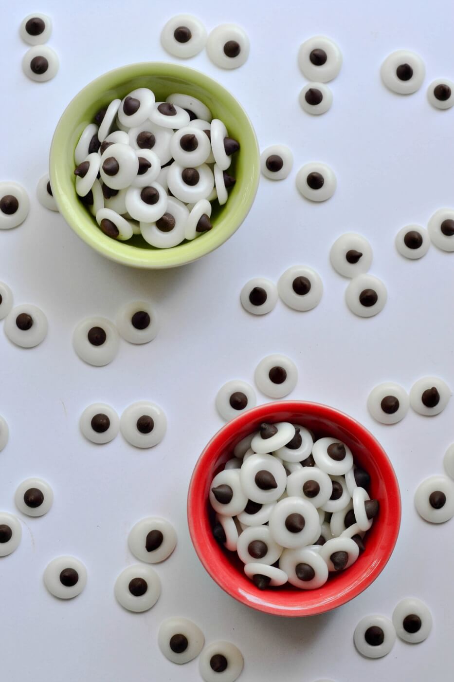 vegan candy googly eyes in a bowl and on a table