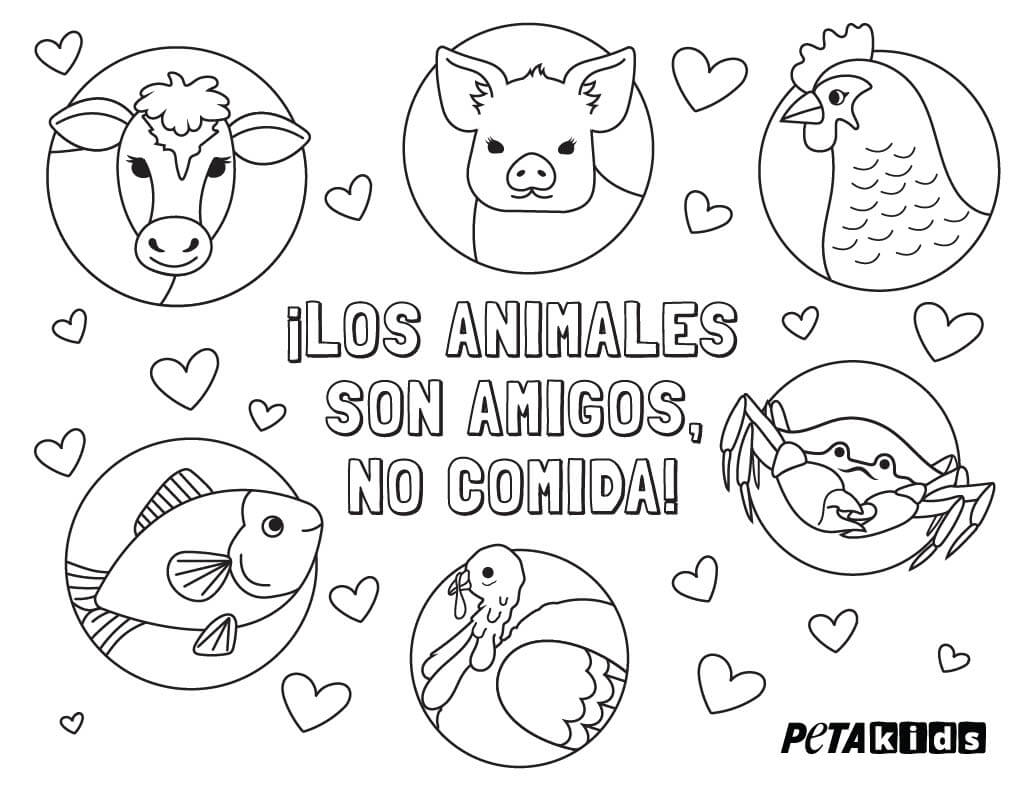 colorear "¡Los animales son amigos, no comida !" en español