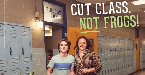 Alicia Silverstone and Bear in their PETA Ad about cutting out classroom dissection