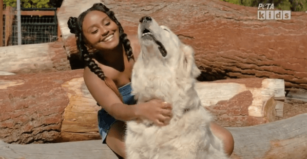 Dana Heath giving a white dog scratches outside in the sun