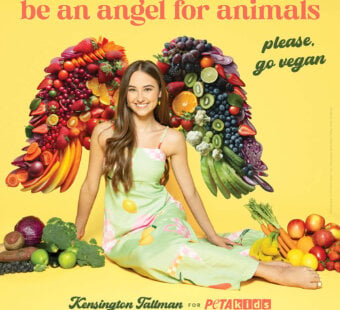 Kensington Tallman in her PETA Kids ad encouraging others to be an angel for animals to go vegan.