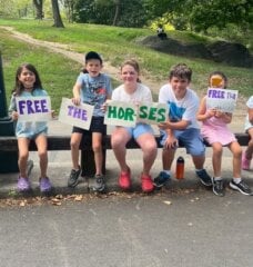 group of kids at central park holding signs to protest aginst horse-drawn carriages