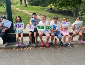group of kids at central park holding signs to protest aginst horse-drawn carriages