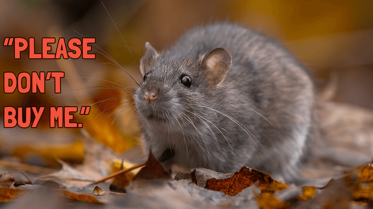 rat in a leaf field with the text: please don't buy me on it.