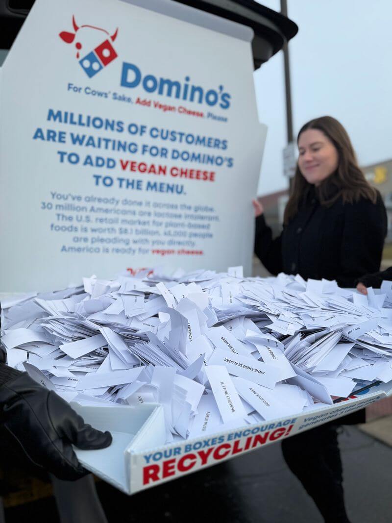 PETA staffer with a box that resembles a Domino's pizza box with 45,000 signatures of customers who want vegan cheese added to the pizza place's menu. 